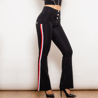 Stylish women's high-waisted black striped flared jeggings with red and white side stripes