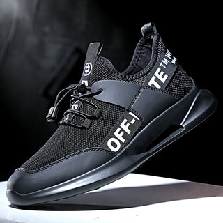 Stylish black sneakers with bold white text branding, showcasing a sporty and modern design for the active individual.