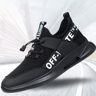 Stylish black and white men's sneakers with a modern and sporty design. The shoes feature a mesh upper, lace-up closure, and bold branding accents for a sleek, contemporary look.