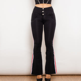 High-waist black striped flared lift jeggings with button detailing.