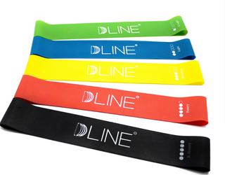 Colorful resistance bands from the DLINE brand, designed for yoga and fitness routines. The image shows an assortment of stretchy exercise bands in various bright colors including green, blue, yellow, red, and black, featuring the DLINE logo.