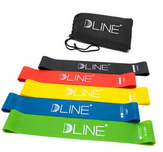 Set of colorful D-LINE resistance bands for yoga, fitness, and exercise. The image shows five resistance bands in different colors - blue, green, yellow, red, and black - along with a carry bag. The bands are designed for strength training, stretching, and activating various muscle groups to energize your workout routine.