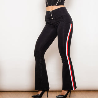 Stylish black and red striped flared jeggings with high waist and button closure, displayed on a plain white background.