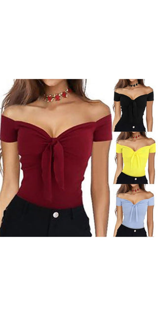 Stylish off-the-shoulder tops in various colors, featuring a bow detail and a form-fitting silhouette.