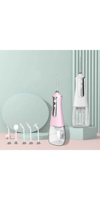 Portable dental water flosser with various cleaning modes for a refreshed smile, set against a stylish pastel backdrop.
