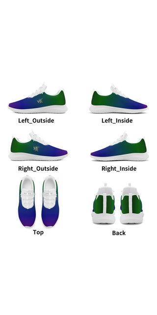 Comfortable and stylish women's lace-up running shoes in vibrant blue, green, and purple colors showcased from multiple angles.