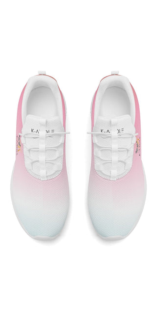 Stylish women's pink and white sneakers with lace-up front design, perfect for athleisure or active wear.