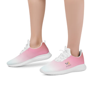 Stylish pink and white women's athletic sneakers with a lace-up front design, displayed on a plain background.