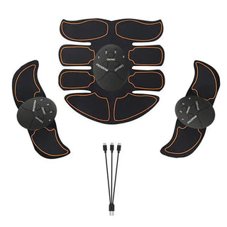 USB Rechargeable Muscle Stimulator: Abdominal and Hip Trainer by K-AROLE. Black and orange electronic device with multiple pads designed to stimulate muscle groups in the abdomen and hips.