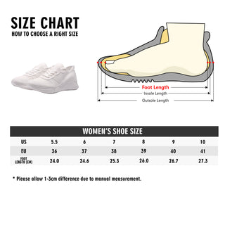 Breathable mesh sneakers with size chart for women's shoes, showing detailed measurements for determining the right fit.