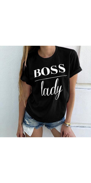 Stylish women's black t-shirt with bold 'BOSS lady' text, paired with casual denim shorts, showcasing a trendy and confident fashion look.