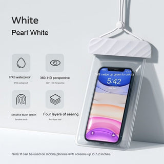 White, waterproof, transparent mobile phone bag with touch screen capability, featuring IPX8 waterproof rating, 360-degree HD perspective, and four layers of sealing for secure protection.