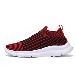 Stylish red and black striped jogging sneakers with a flexible slip-on design, showcasing a lightweight and comfortable athleisure footwear option.