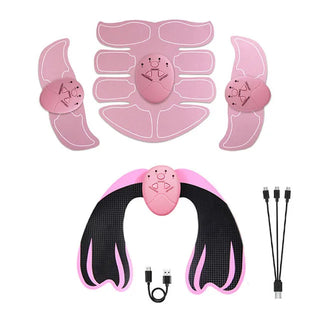 Compact abdominal and hip muscle stimulator device in pink color with USB charging cable.