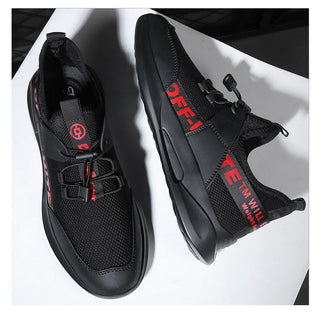Black and red men's sneakers with a sporty and modern design, placed on a white background.