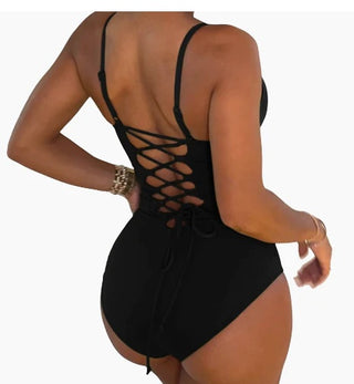 Stylish black backless swimsuit with lace-up detailing