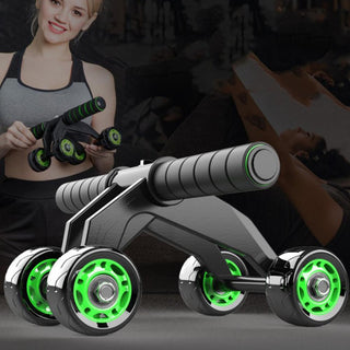Portable fitness roller with green accents, used by a smiling woman for exercising at the gym