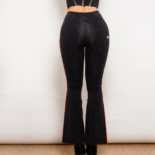 Black high-waisted flared jeggings with vertical striped pattern, showcasing the product's design and style.