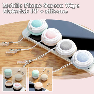 Mobile phone screen cleaner set with soft PP and silicone wipes in pastel colors arranged on a wooden surface.
