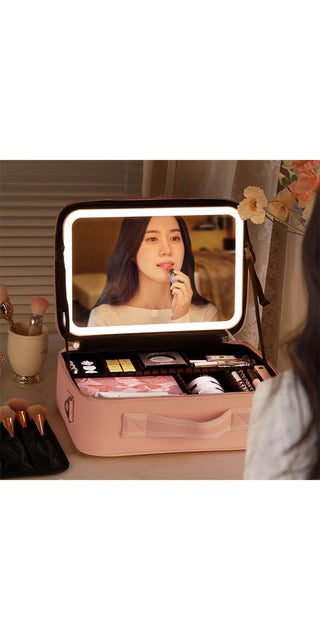 Smart LED cosmetic case with large storage mirror makeup bag for on-the-go beauty essentials.