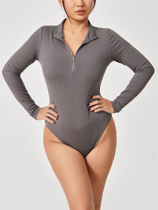 Gray seamless long sleeve bodysuit with zip closure for women