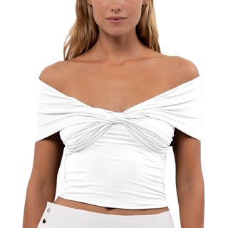 Elegant off-shoulder white cropped top with pleated detailing.