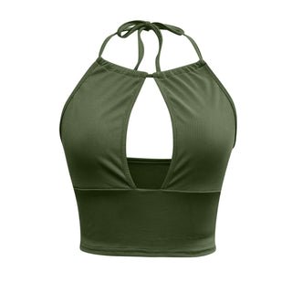 Green halter style ribbed crop top with open design