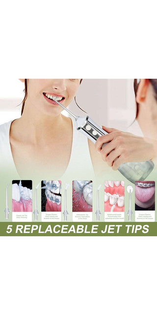 Portable dental water flosser with 5 replaceable jet tips for thorough oral hygiene, allowing for a clean, healthy smile.
