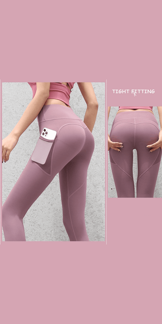 Seamless, flexible women's leggings with pockets on a pink background