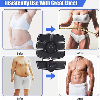 Portable abs and hip muscle stimulator device for targeted toning and sculpting, shown with before and after body transformation images