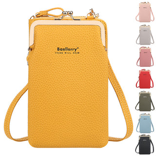 Fashionable mobile phone shoulder bag with lock and wallet. The bag features the brand name "Beellerry" printed on the front in a vibrant yellow color. The bag has a rectangular shape and a detachable strap, making it a convenient and stylish accessory for women.
