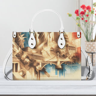 Liberty Skyline Tote - Stylish women's handbag with cityscape print, white handles, and metal accents from the K-AROLE athleisure fashion brand.