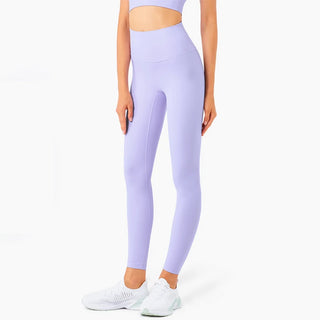 Stylish lavender fitness leggings with high-waisted design and cutout detail, showcased against a plain white background.