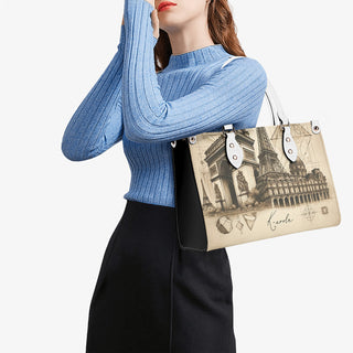 Chic Parisian-Inspired Tote K-AROLE™️: Elegant women's handbag showcasing iconic French landmarks, perfect for stylish athleisure outfits.
