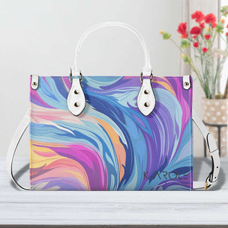 Stylish marble-patterned handbag from K-AROLE with vibrant blue, purple, and pink swirls, complemented by sleek metal hardware accents, perfect for enhancing any fashionable athleisure outfit.