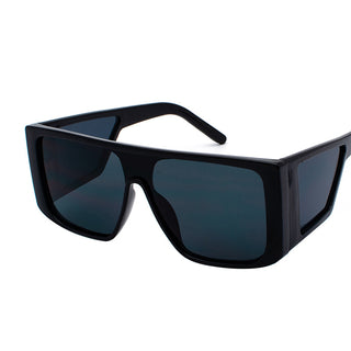 Sleek black retro sunglasses with large, square mirrored lenses integrated into a stylish, angular frame for a modern, fashionable look.