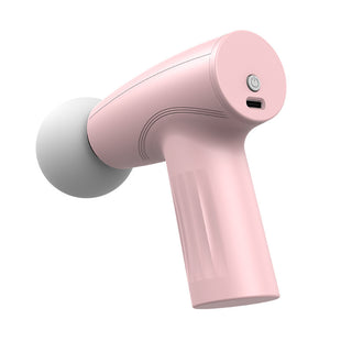Sleek and modern pink fascial massage gun with a minimalist design, showcasing its portability and convenience for therapeutic muscle relief.