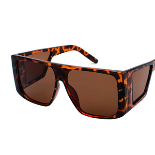 Stylish tortoiseshell-patterned sunglasses with oversized, rectangular frames and integrated multiple mirrored surfaces for a modern, fashionable look.