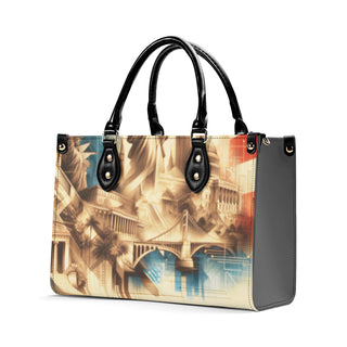 Stylish Liberty Skyline Tote Bag - Trendy women's handbag with vivid city skyline print, sleek black leather handles, and a versatile design for athleisure outfits. Crafted by K-AROLE, the premier women's fashion brand.
