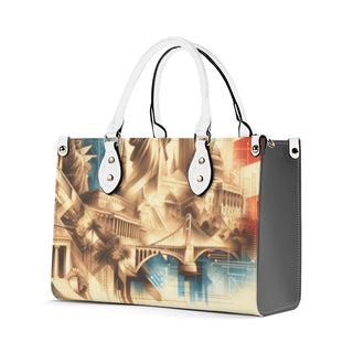 Stylish women's tote bag featuring a cityscape design with modern architecture. Durable and practical handbag for everyday use or athleisure outfits. Versatile accessory from the K-AROLE fashion collection.