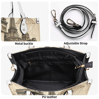 Elegant French-inspired tote bag with Eiffel Tower design. Features a metal buckle, adjustable strap, and PU leather construction for a stylish and versatile accessory.