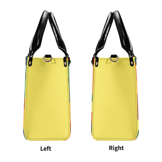 Stylish yellow tote bag with black accents and gold hardware, showcasing a contemporary and fashionable design for the modern woman.