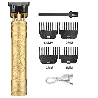 Rechargeable electric hair clipper with adjustable guide combs for men's grooming and haircuts. Includes various comb attachments for different hair lengths. Gold-toned metallic body design.