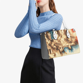 Stylish woman's outfit featuring a blue ribbed sweater and a patterned handbag with cityscape design, showcasing trendy women's athleisure fashion from the K-AROLE brand.