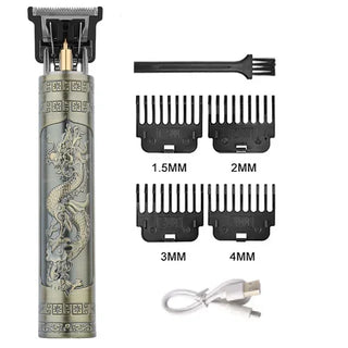 Electric hair trimmer with dragon design on metallic gray body, featuring detachable combs in various sizes for precision hair cutting. Includes charging USB cable for rechargeable operation. Professional-grade hair grooming tool for men.