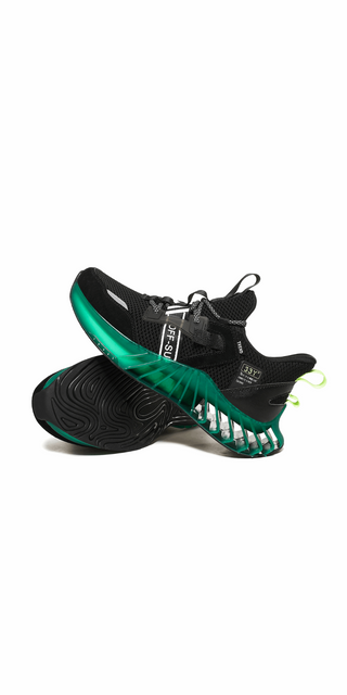 Striking black and green athletic sneakers with a dynamic sole design for an active lifestyle.