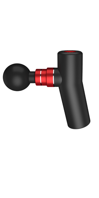 Handheld percussion muscle massager with a black and red design, ready to provide targeted relief and relaxation.