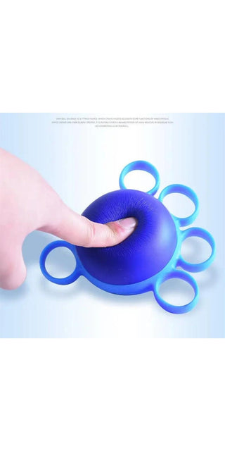 Vibrant blue massage ball with finger grip holes, held in a hand against a plain background.