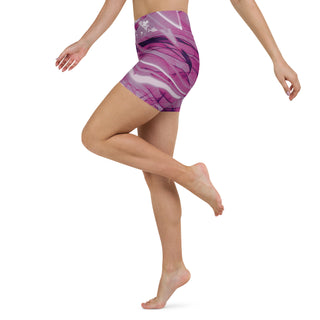 Vibrant high-waist women's shorts with a striking abstract purple and pink pattern, showcasing a stylish and eye-catching design.