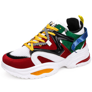 Vibrant and stylish women's fashion sneakers with a chunky platform design. The sneakers feature a colorful mix of red, green, yellow, and blue panels, along with textured and checkered patterns for a bold, eye-catching look. These trendy and comfortable shoes are perfect for outdoor activities, casual wear, or elevating one's street style.